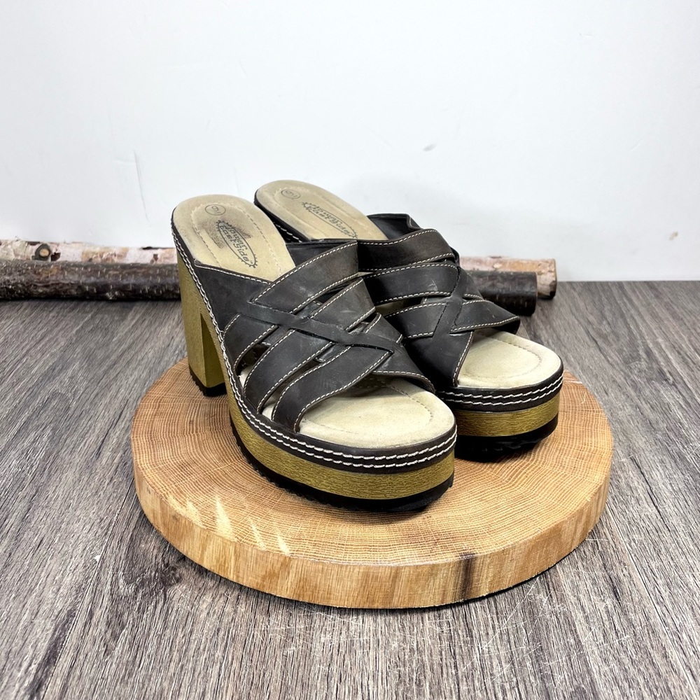 * Vintage 90s Y2K Brown Chunky Platform Slide Sandals Size 9 – 4” Heel - Picture 3 of 16